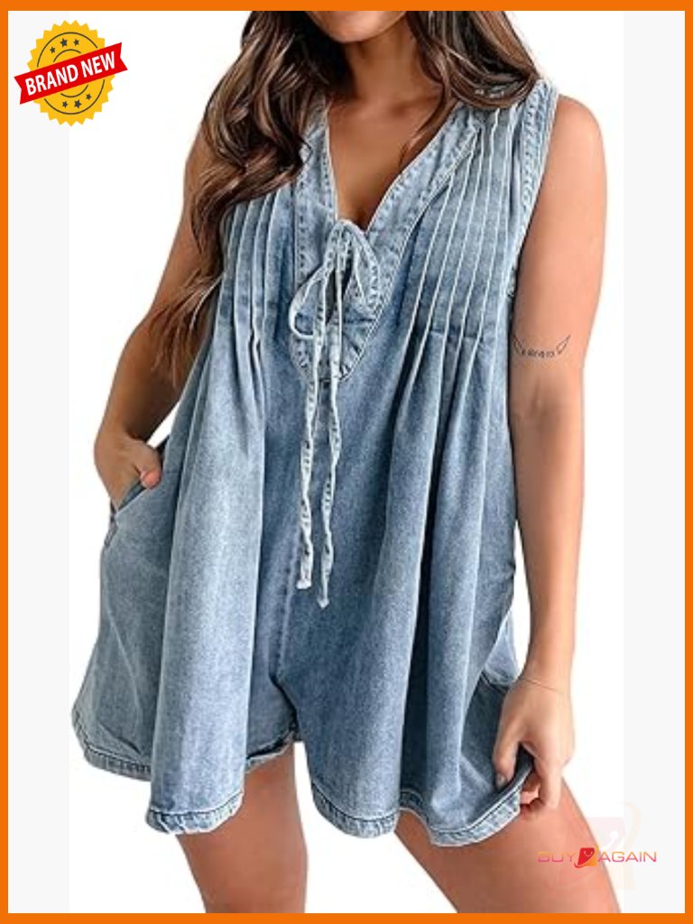 Sleeveless Denim Romper With Pockets, Tie Front, V Neck, Short Romper